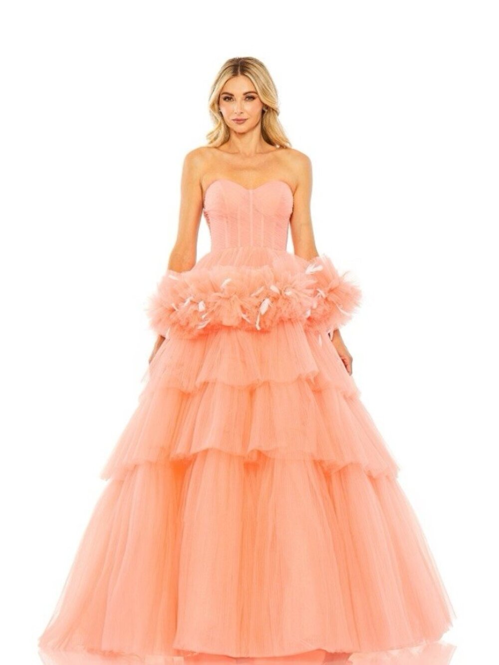 Mac Duggal Size 2 Coral 20530 Feather Ruffle Strapless Ball Gown Formal Dress